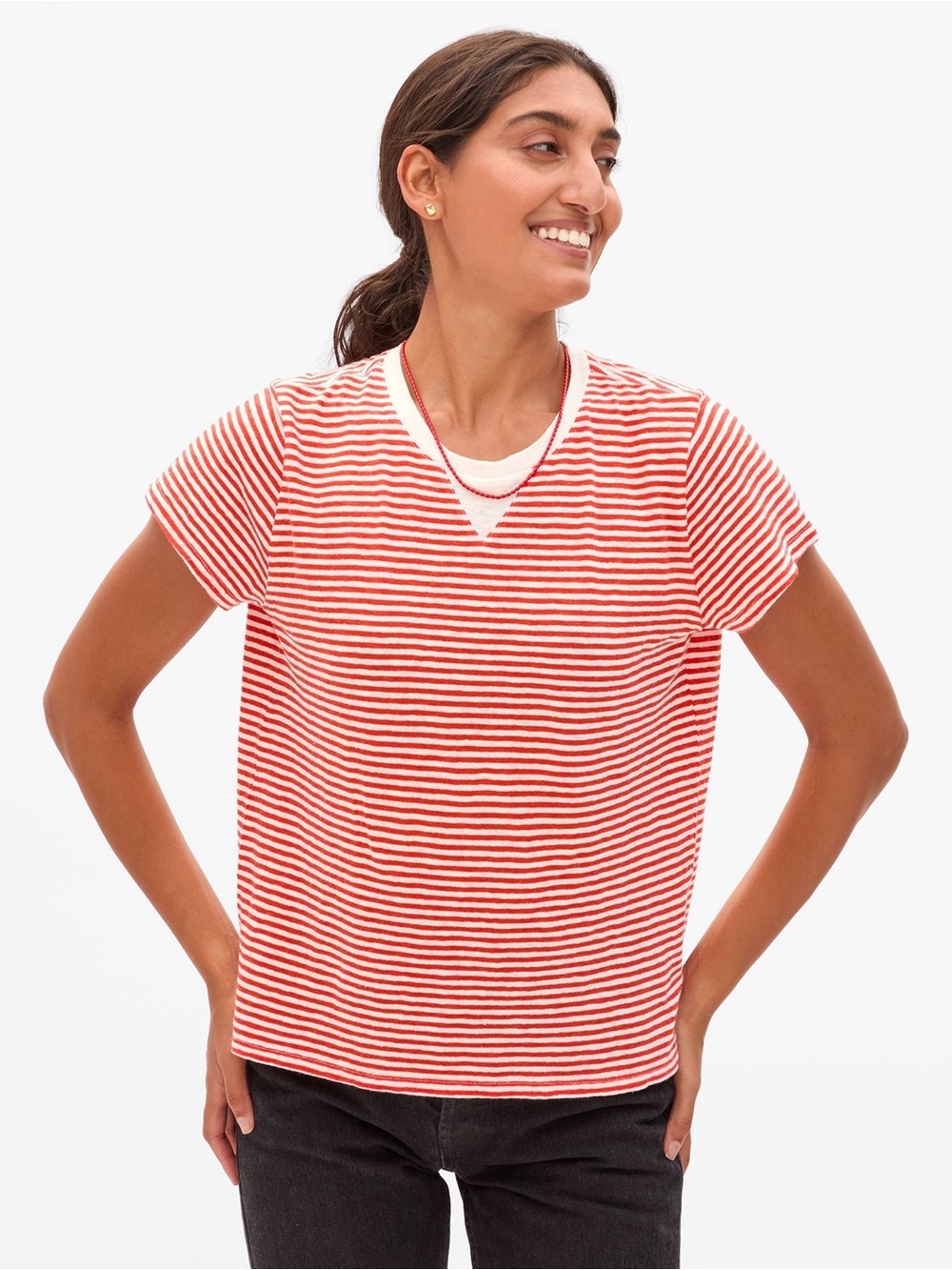 Classic Tee ~ Bright Poppy/Cream Mini Stripe
